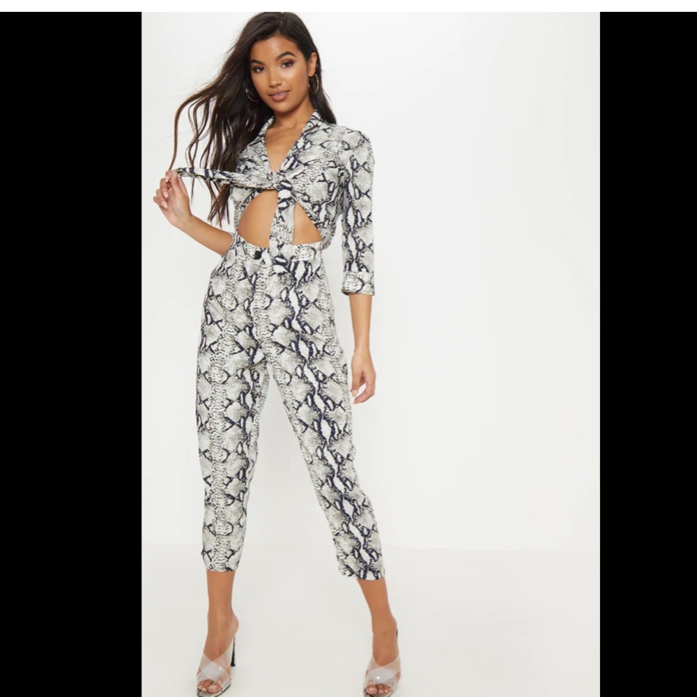 Grey Snake Print Tie Detail Jumpsuit